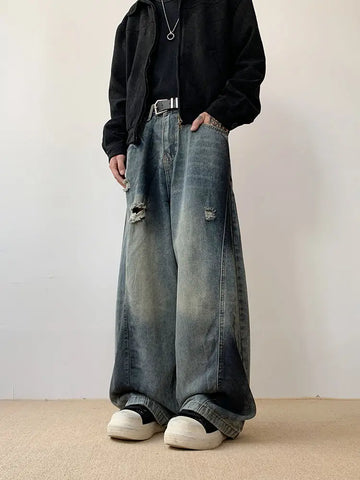 Riolio Hip hop American style men and women trendy personalized patchwork washed wide leg jeans for couples loose and lazy casual pants